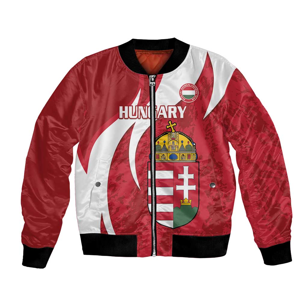 Red and white bomber jacket with full-zip front, stand collar, and Hungary crest