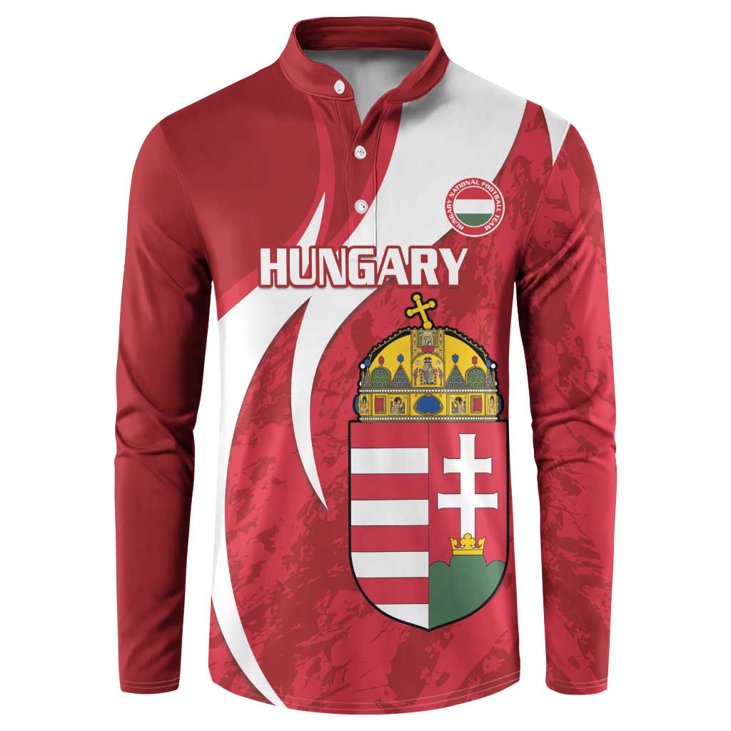 Red button-front football sweatshirt with white side panels, Hungary crest and HUNGARY text