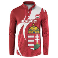 Red button-front football sweatshirt with white side panels, Hungary crest and HUNGARY text