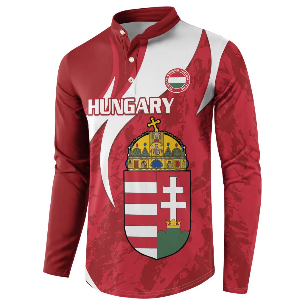 Red button-front football sweatshirt with white side panel, Hungary crest and HUNGARY text