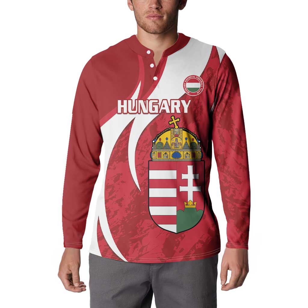 Red and white button-front football sweatshirt with Hungary crest and HUNGARY text