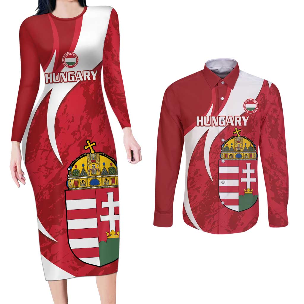 Custom Hungary Football Couples Matching Long Sleeve Bodycon Dress and Long Sleeve Button Shirt Go Magyarok - Curves Style - Wonder Print Shop