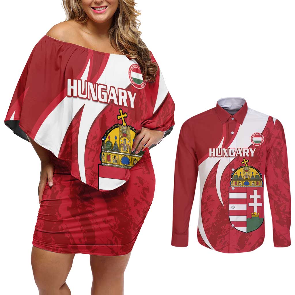 Custom Hungary Football Couples Matching Off Shoulder Short Dress and Long Sleeve Button Shirt Go Magyarok - Curves Style - Wonder Print Shop