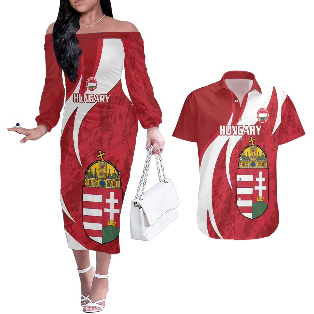 Custom Hungary Football Couples Matching Off The Shoulder Long Sleeve Dress and Hawaiian Shirt Go Magyarok - Curves Style - Wonder Print Shop