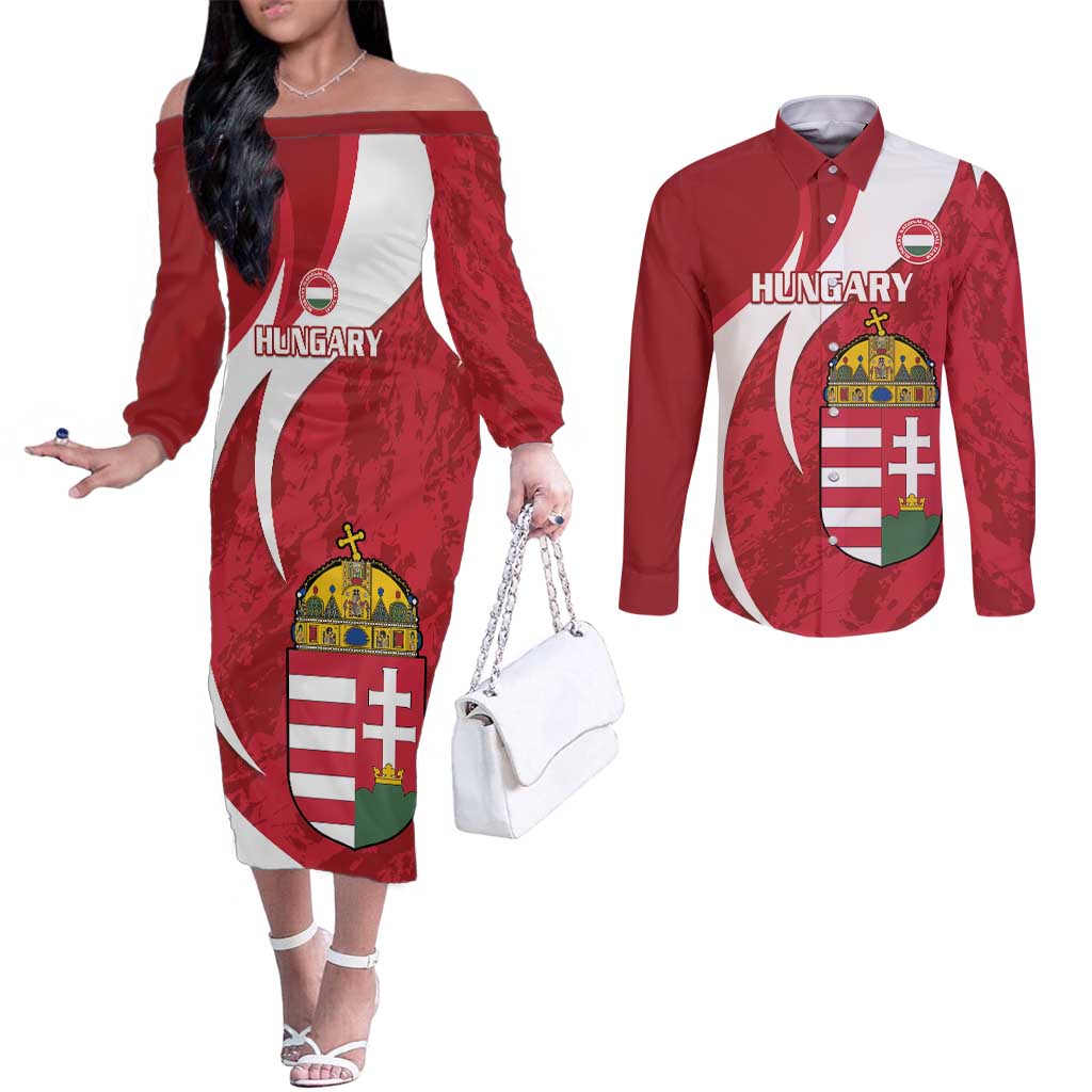 Custom Hungary Football Couples Matching Off The Shoulder Long Sleeve Dress and Long Sleeve Button Shirt Go Magyarok - Curves Style