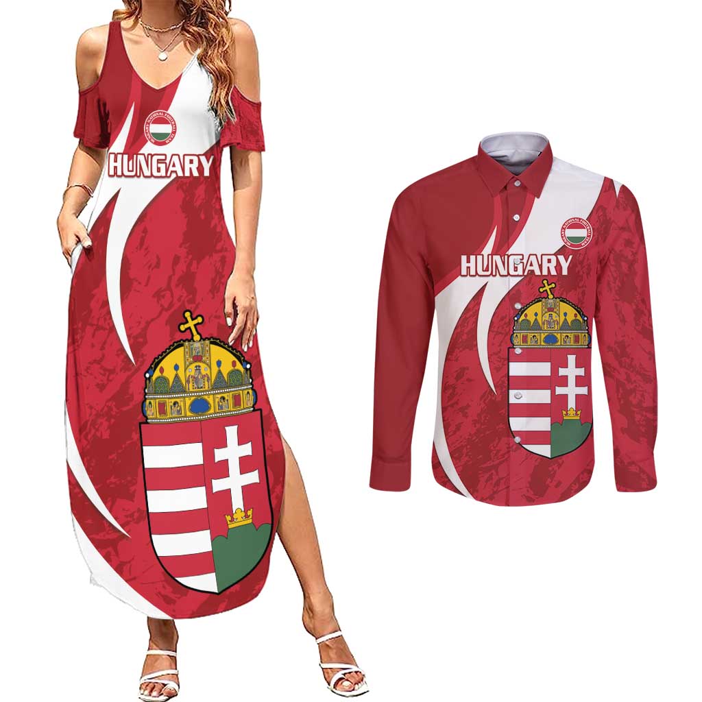 Custom Hungary Football Couples Matching Summer Maxi Dress and Long Sleeve Button Shirt Go Magyarok - Curves Style - Wonder Print Shop