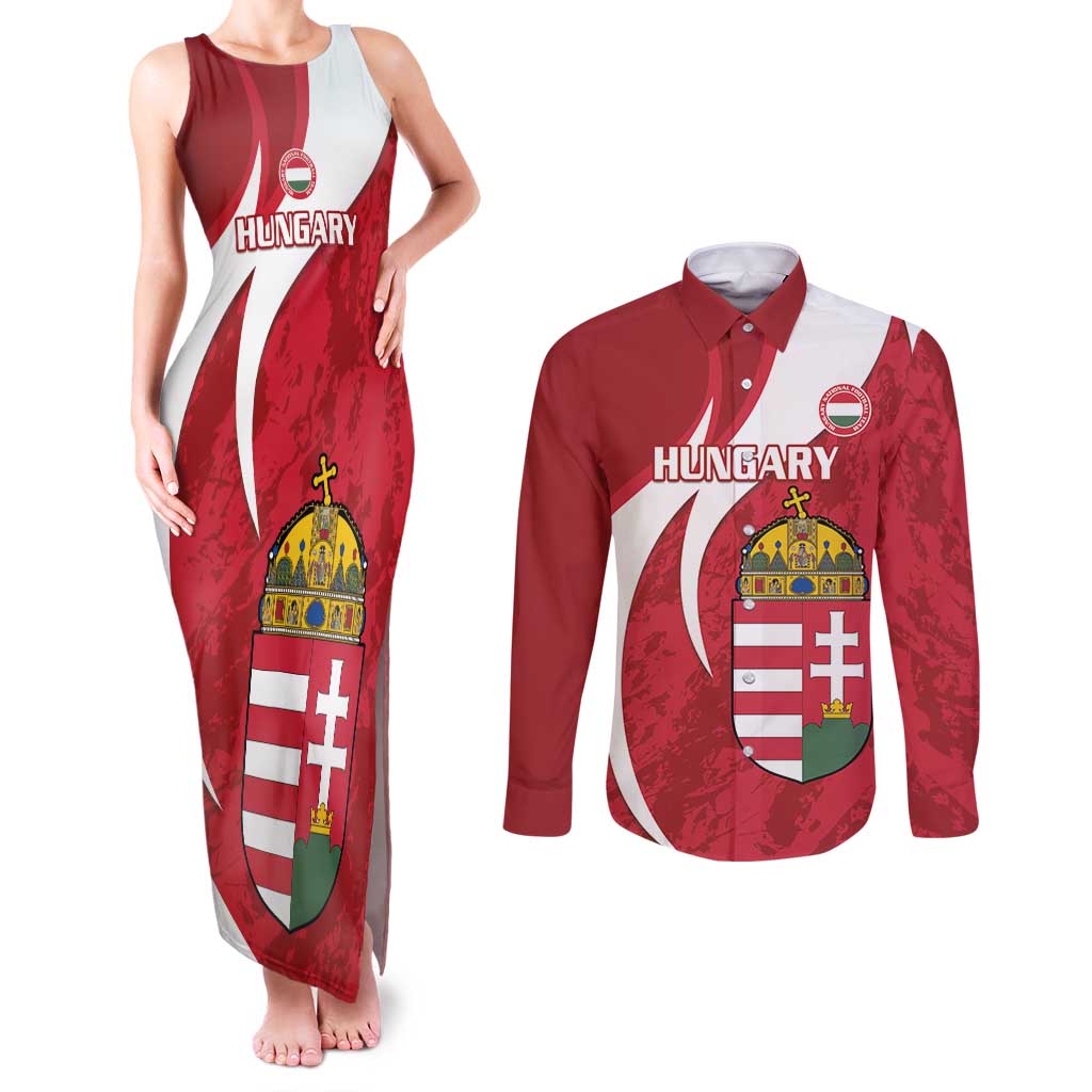 Custom Hungary Football Couples Matching Tank Maxi Dress and Long Sleeve Button Shirt Go Magyarok - Curves Style - Wonder Print Shop