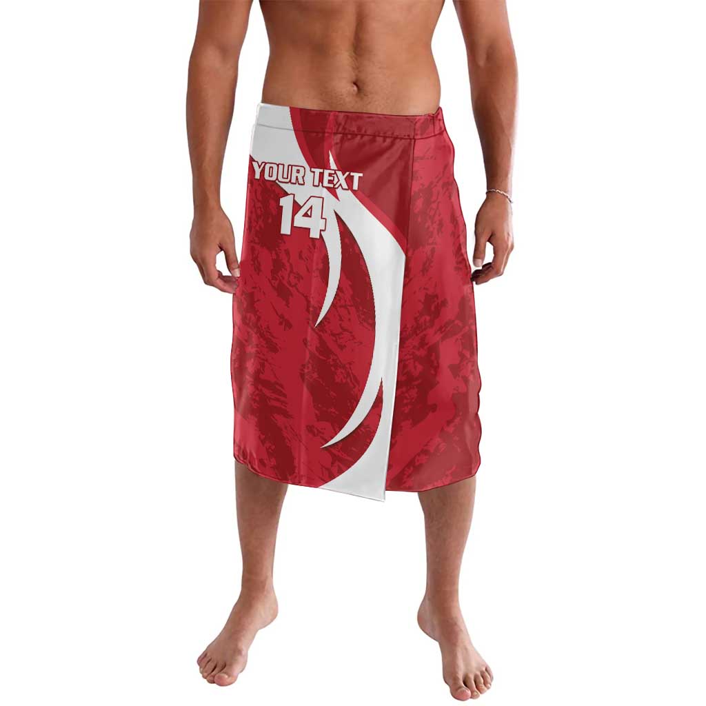 Red football lavalava with number 14 graphic and curved white emblem, front view