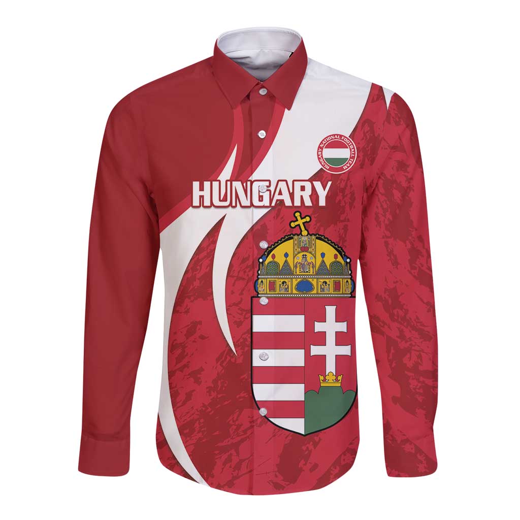 Red long-sleeve button football shirt with Hungary crest and HUNGARY graphic