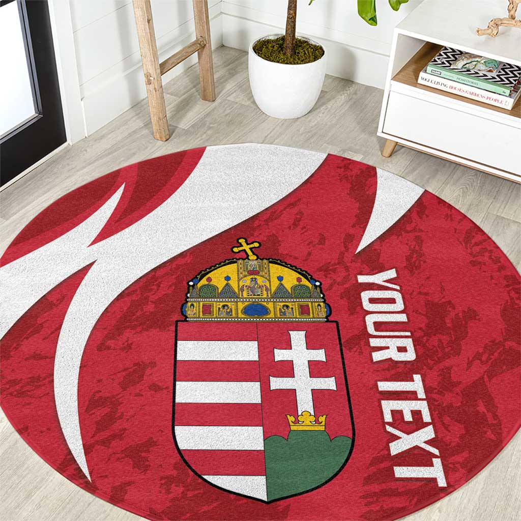 Red round rug with Hungarian crest, white curved stripe, and vertical Magyar text