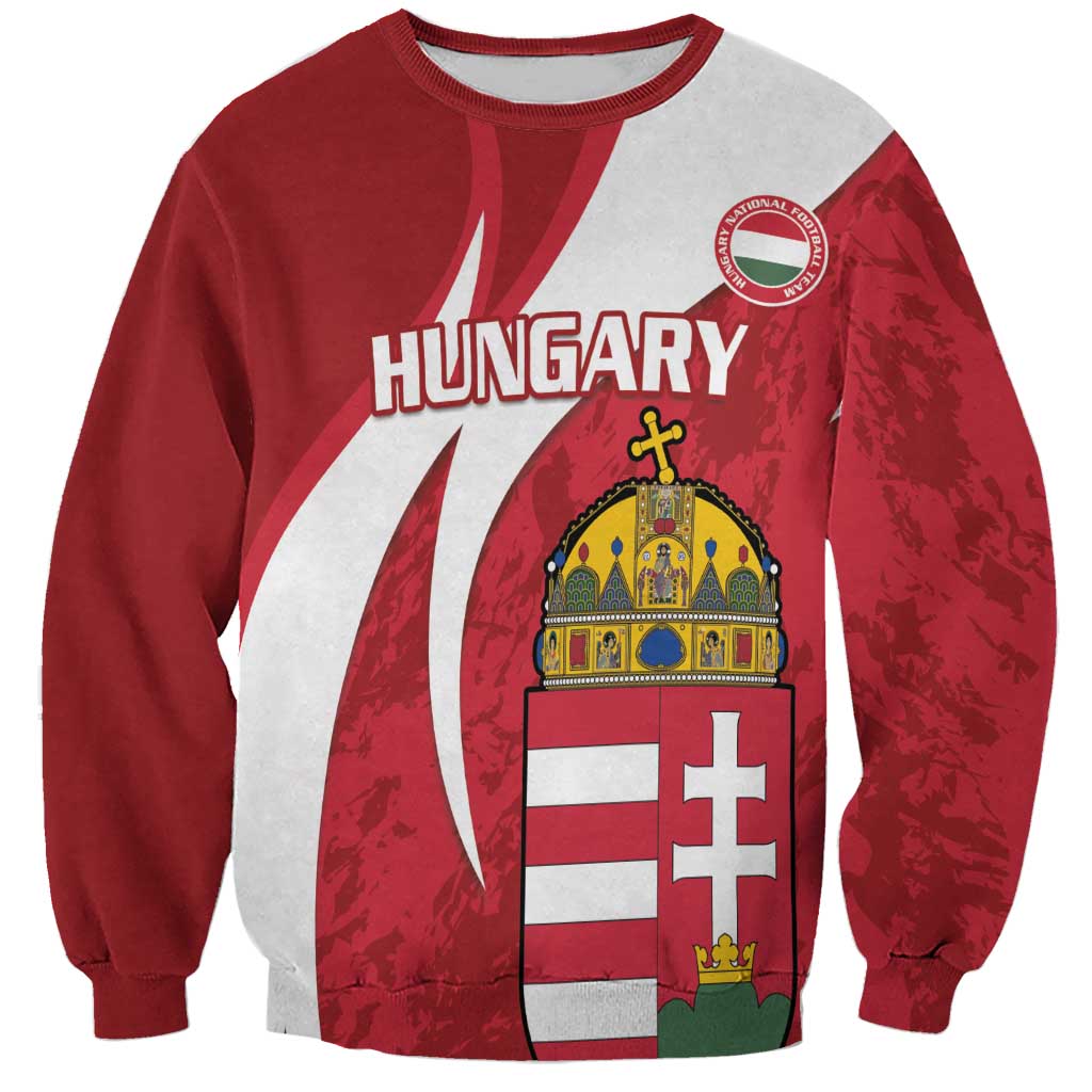 Red crewneck sweatshirt with white curved stripe and crest graphic on front