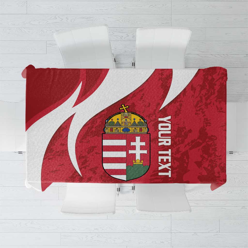 Red Hungary football tablecloth with crest and curved white graphic panels