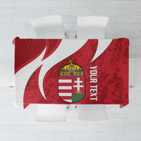 Red Hungary football tablecloth with crest and curved white graphic panels