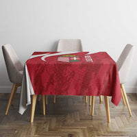 Red tablecloth with Hungary crest center and white curved flame-style graphics