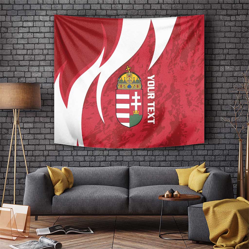 Red and white Hungary football tapestry with curved graphic and crest emblem