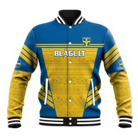 Sweden baseball jacket in blue and yellow with striped ribbed trim and snap front