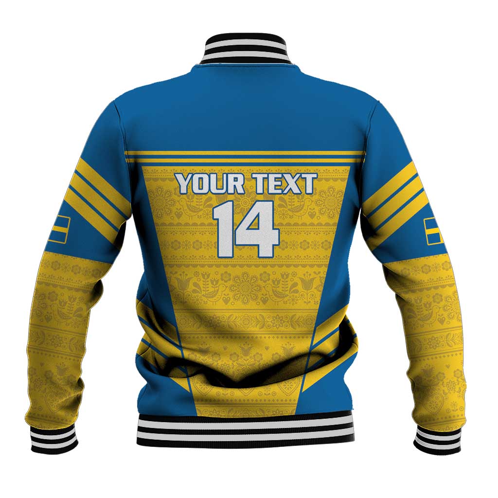 Back of blue and yellow baseball jacket with striped sleeves, ribbed collar; YOUR TEXT 14