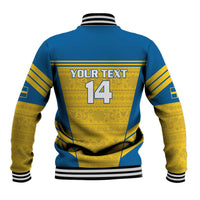 Back of blue and yellow baseball jacket with striped sleeves, ribbed collar; YOUR TEXT 14