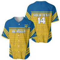 Blue and yellow baseball jersey, front and back views, Blagult text and number 14