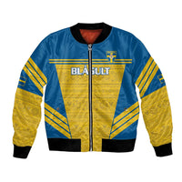 Blue bomber jacket with yellow geometric stripes, front zipper, ribbed hem and cuffs