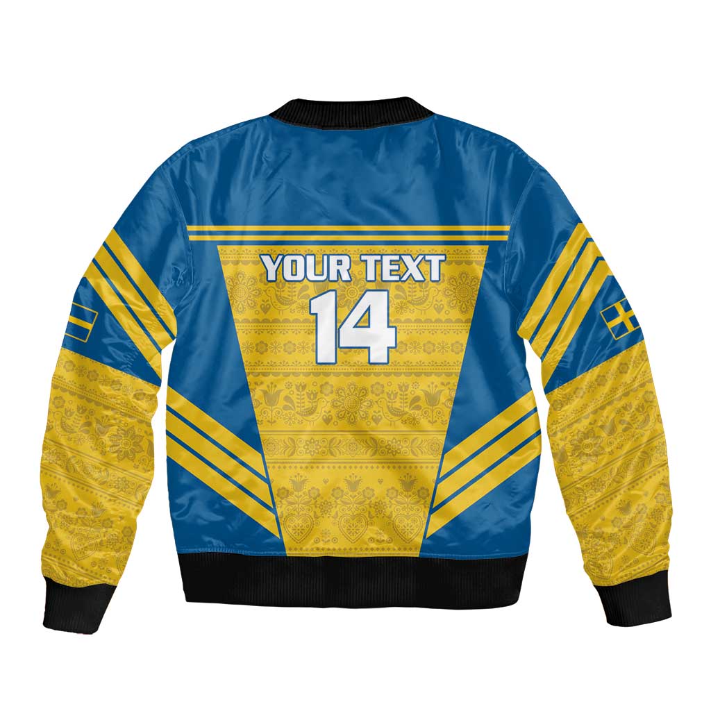 Blue bomber jacket with yellow geometric pattern, back print reading "YOUR TEXT" and "14"