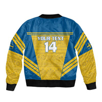 Blue bomber jacket with yellow geometric pattern, back print reading "YOUR TEXT" and "14"