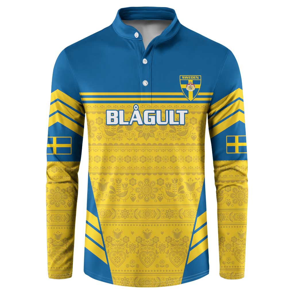 Blue and yellow Nordic pattern quarter-snap sweatshirt with Sweden crest