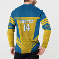 Blue and yellow Nordic pattern sweatshirt back with YOUR TEXT 14 and Sweden flags