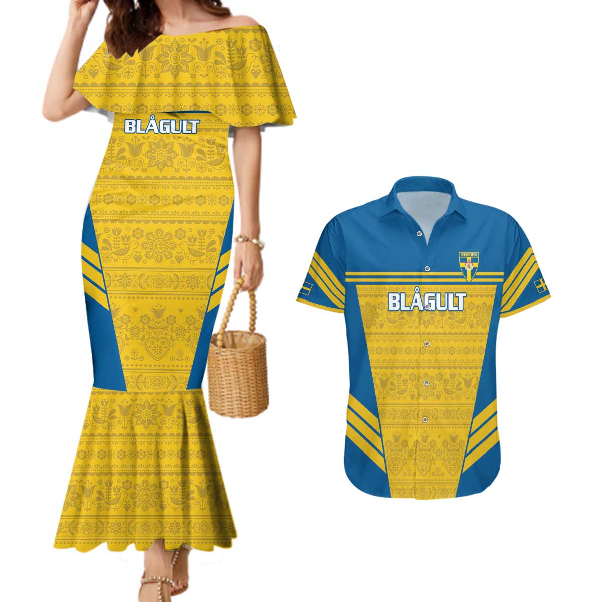 Custom Sweden Football Couples Matching Mermaid Dress and Hawaiian Shirt Go Blagult - Scandinavian Pattern - Wonder Print Shop