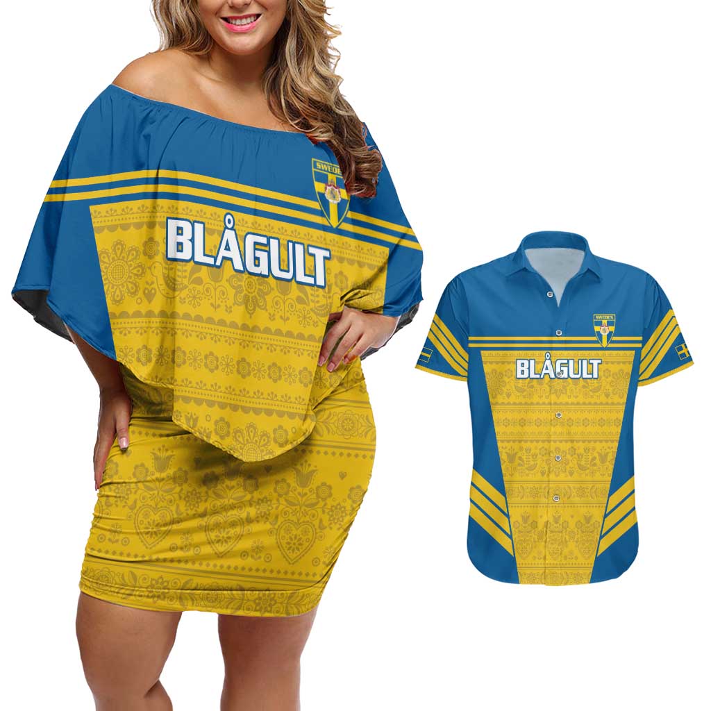 Custom Sweden Football Couples Matching Off Shoulder Short Dress and Hawaiian Shirt Go Blagult - Scandinavian Pattern - Wonder Print Shop