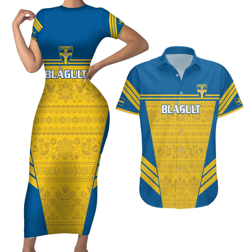 Custom Sweden Football Couples Matching Short Sleeve Bodycon Dress and Hawaiian Shirt Go Blagult - Scandinavian Pattern - Wonder Print Shop