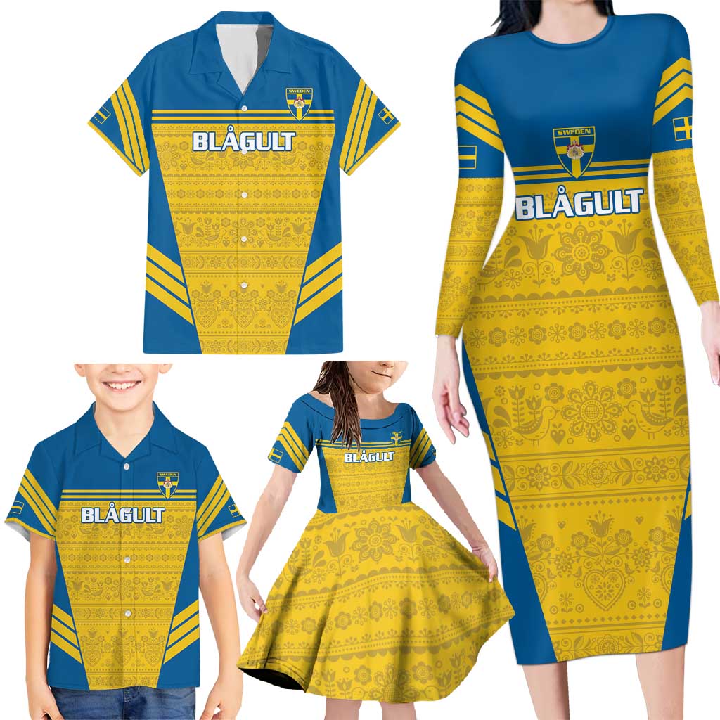 Custom Sweden Football Family Matching Long Sleeve Bodycon Dress and Hawaiian Shirt Go Blagult - Scandinavian Pattern - Wonder Print Shop