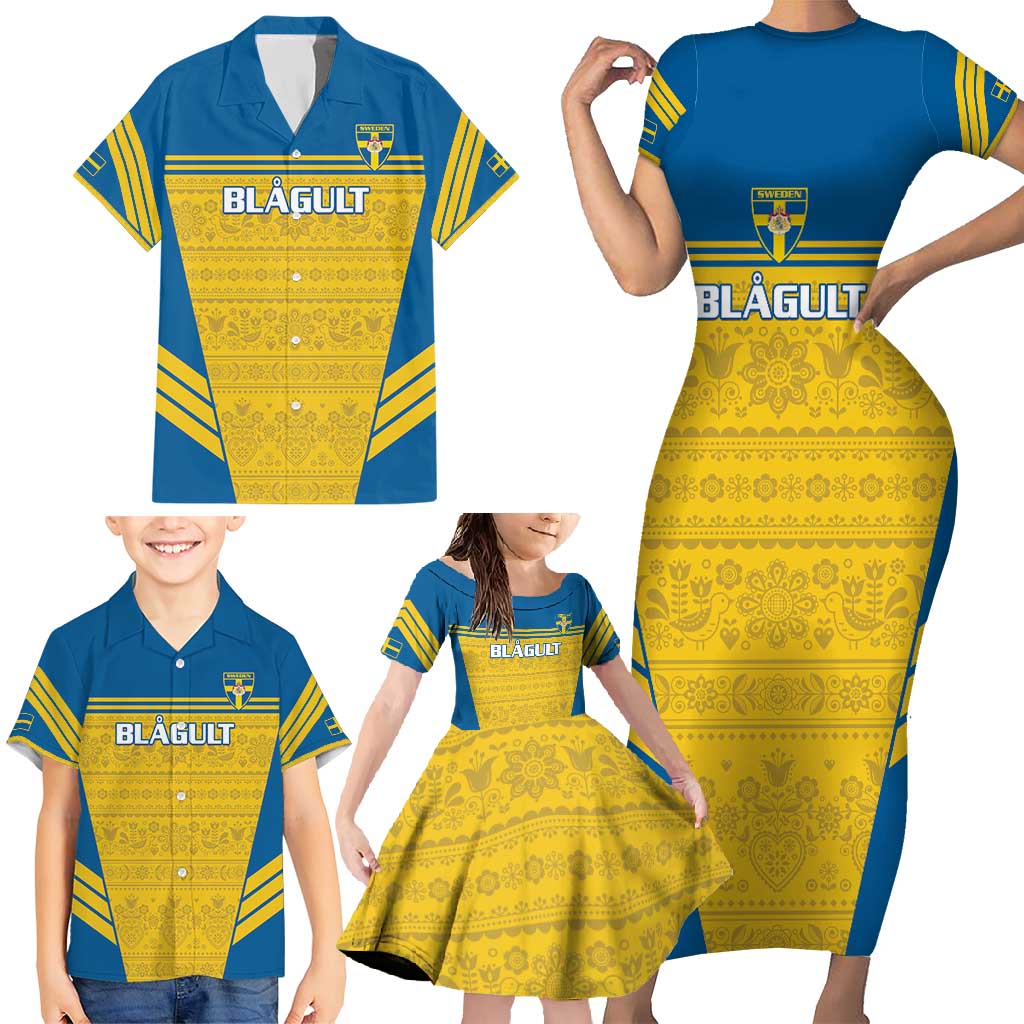 Custom Sweden Football Family Matching Short Sleeve Bodycon Dress and Hawaiian Shirt Go Blagult - Scandinavian Pattern - Wonder Print Shop