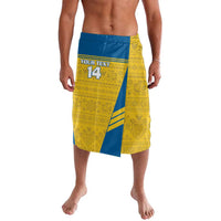 Men's yellow and blue sarong-style wrap skirt with '14' and Scandinavian pattern