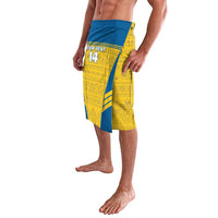Men's yellow and blue sarong-style wrap skirt with '14' graphic and diagonal stripe