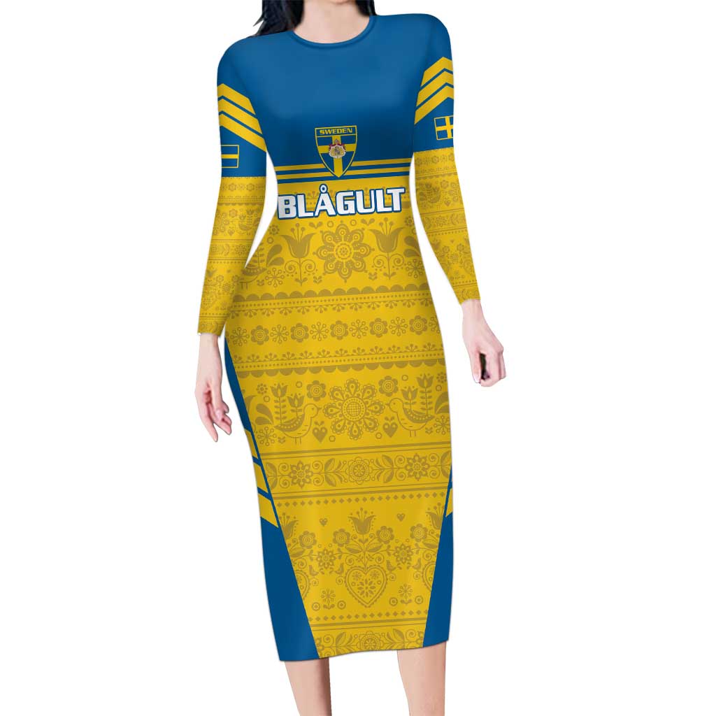 Custom Sweden Football Long Sleeve Bodycon Dress Go Blagult - Scandinavian Pattern - Wonder Print Shop