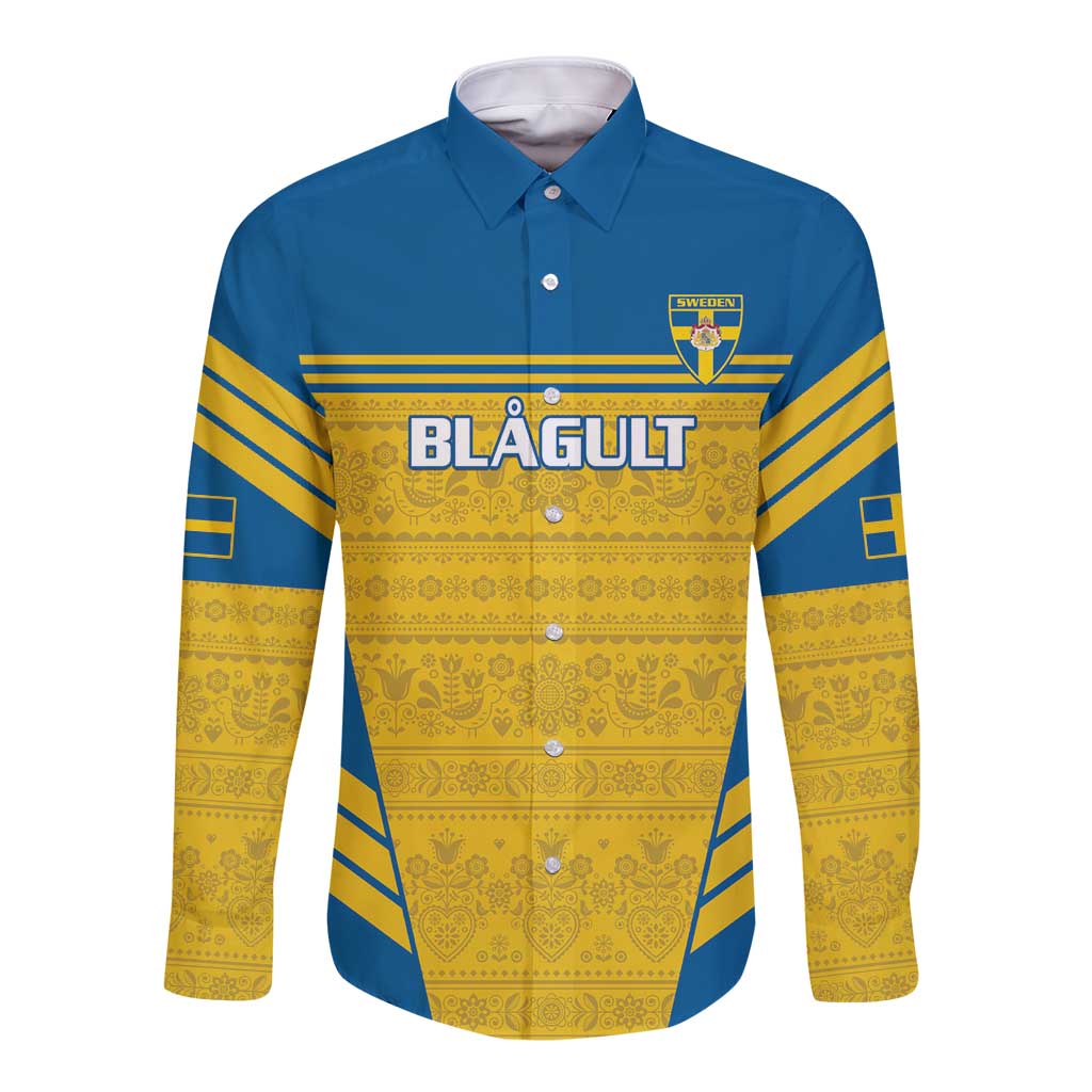 Blue long-sleeve button football shirt with yellow crest and patterned band front