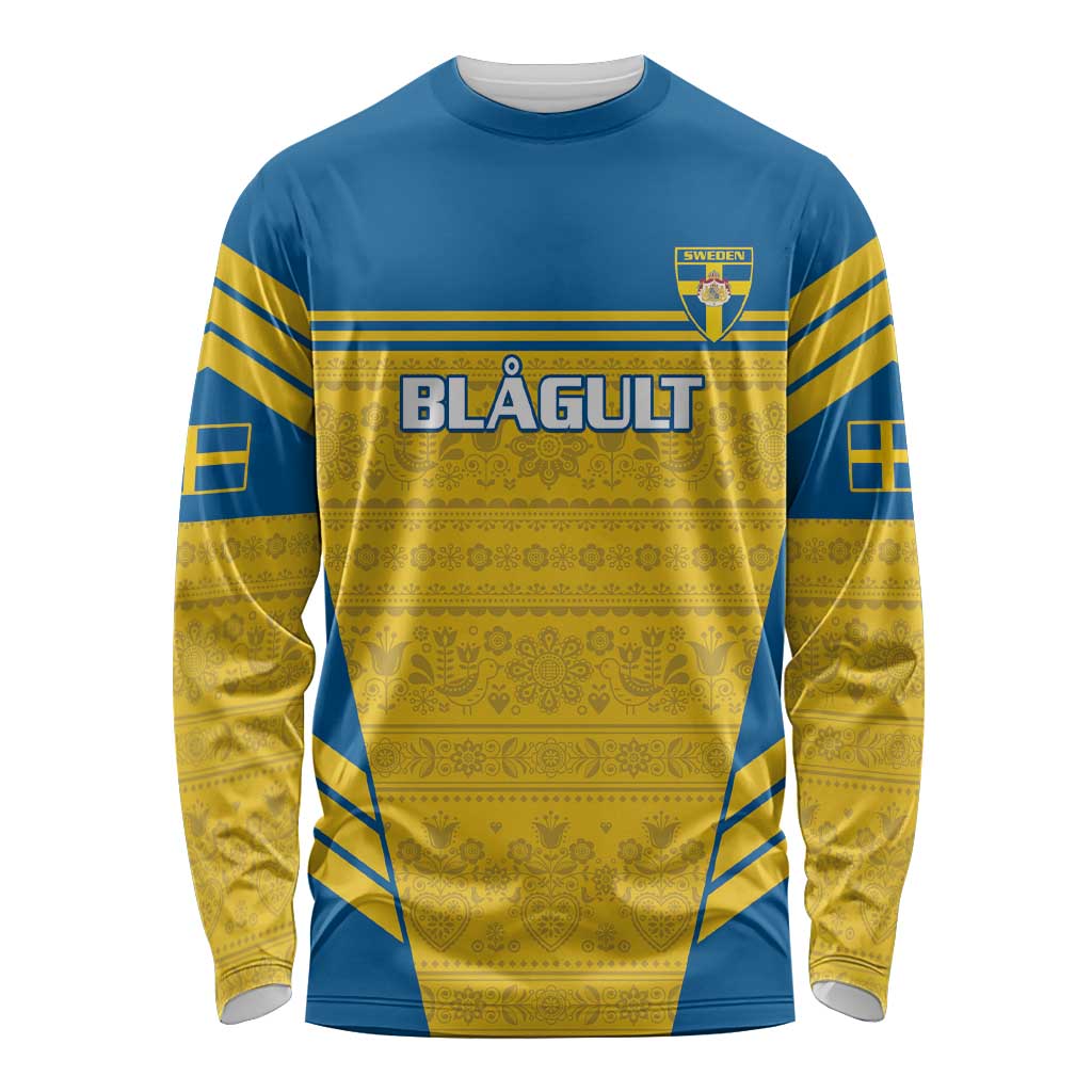 Custom Sweden Football Long Sleeve Shirt Go Blagult - Scandinavian Pattern - Wonder Print Shop