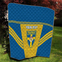 Blue and yellow Sweden quilt blanket corner view with “YOUR TEXT” center
