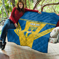 Blue and yellow Sweden football quilt blanket with custom “YOUR TEXT” panel