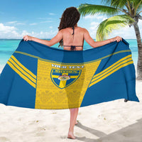 Blue Sweden football sarong with gold stripes and custom text crest, draped beach wrap