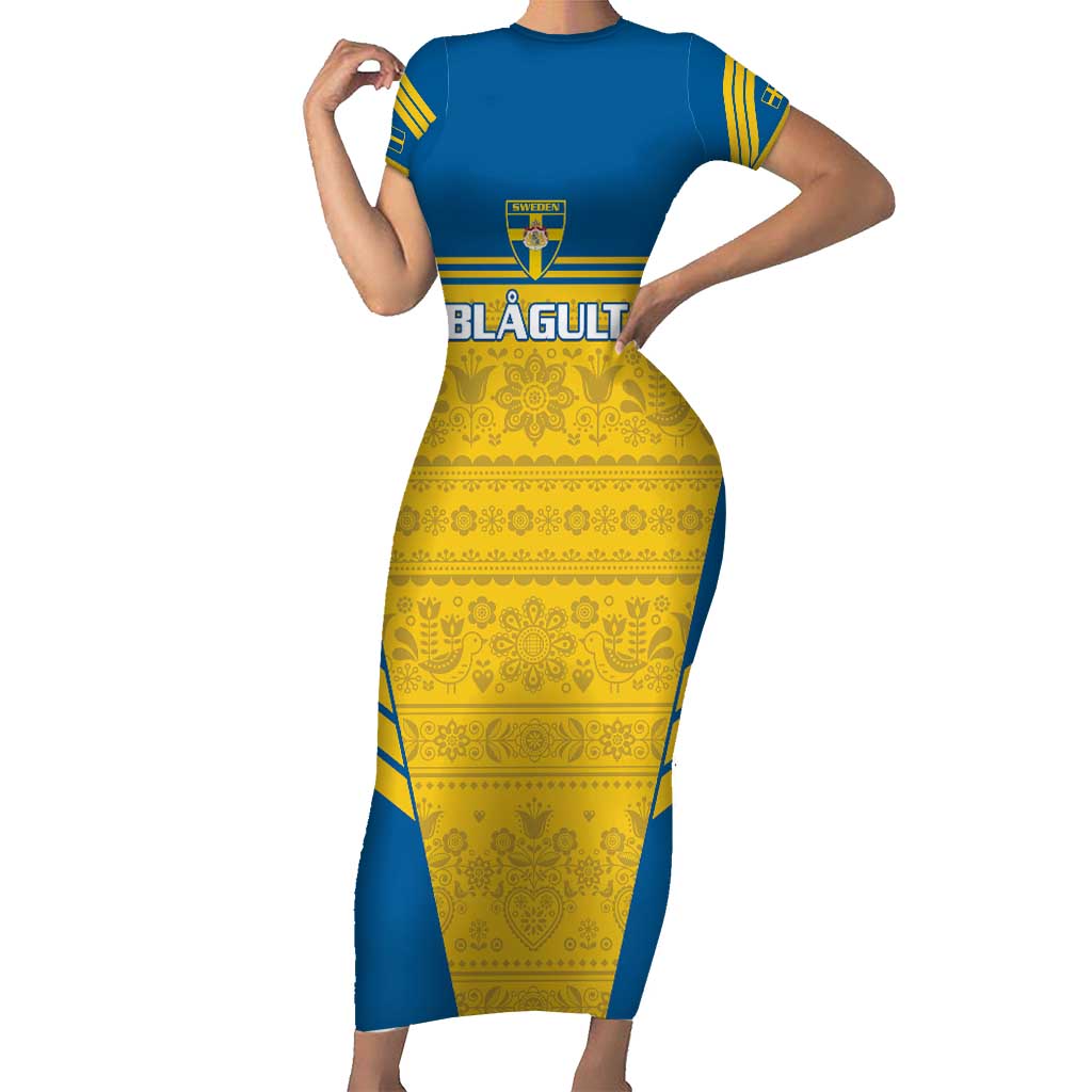 Custom Sweden Football Short Sleeve Bodycon Dress Go Blagult - Scandinavian Pattern