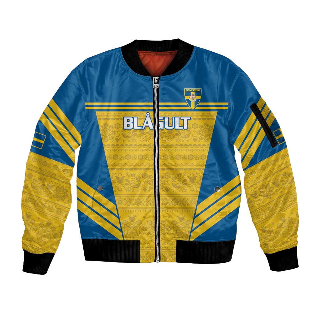 Custom Sweden Football Sleeve Zip Bomber Jacket Go Blagult - Scandinavian Pattern