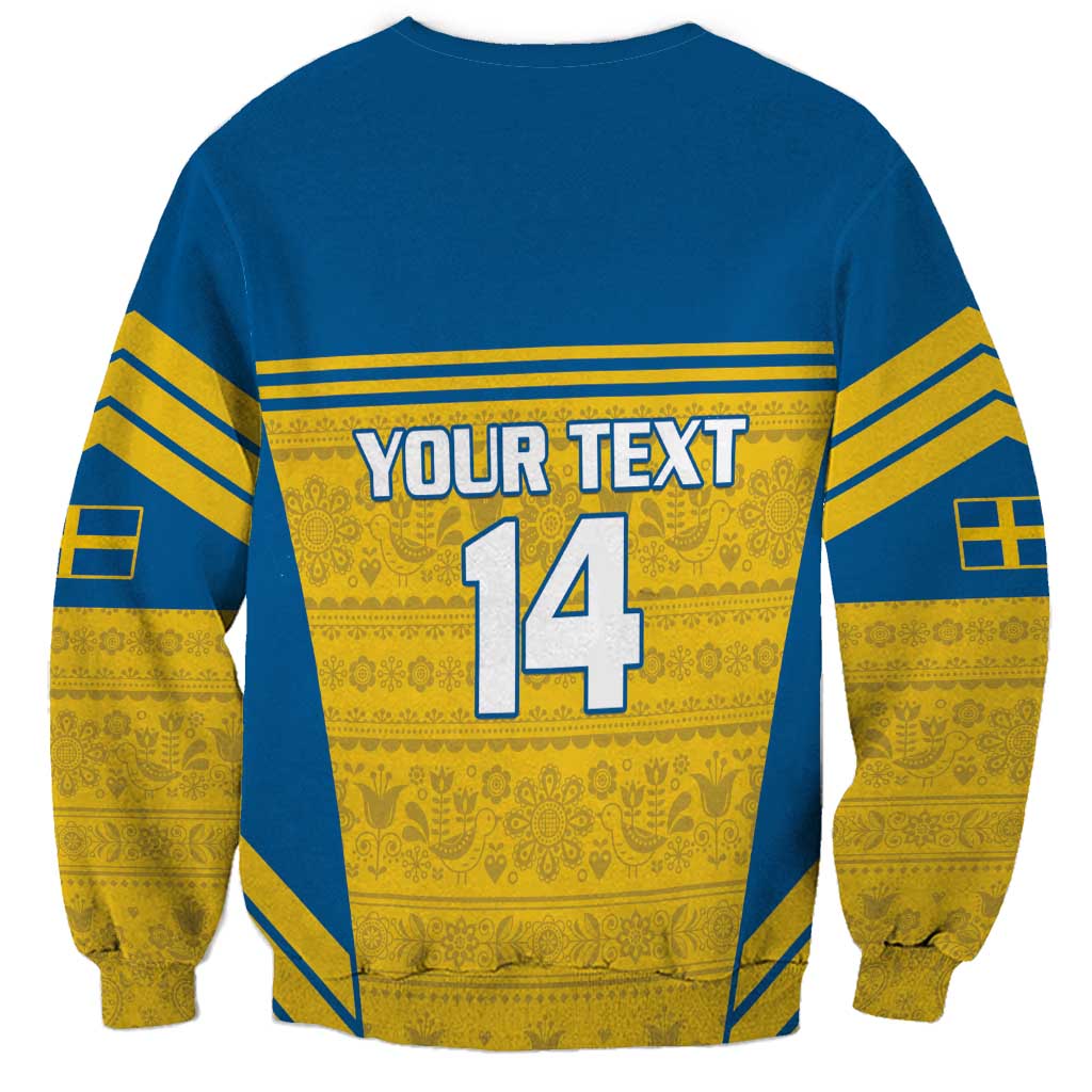 Blue and gold sweatshirt back with striped yoke and YOUR TEXT 14 print