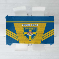 Blue Sweden football tablecloth with yellow panel, crest and diagonal gold stripes.