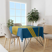 Rectangular Sweden football tablecloth in blue with yellow center panel and gold stripes.