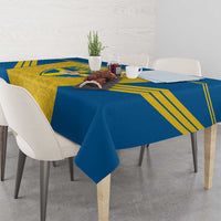 Blue Sweden football tablecloth with yellow center panel, crest and gold diagonal lines.
