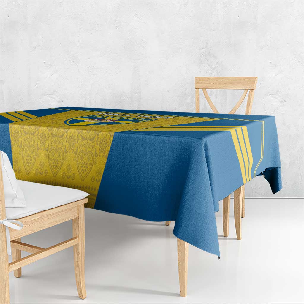 Blue and yellow Sweden football tablecloth with gold trim and crest graphic.