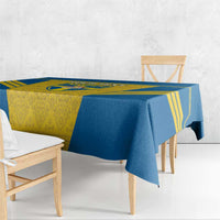 Blue and yellow Sweden football tablecloth with gold trim and crest graphic.