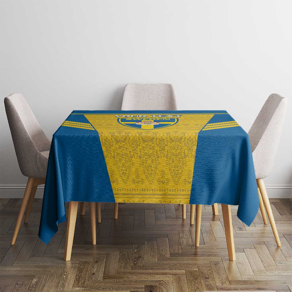 Square Sweden football tablecloth, blue sides with yellow crest panel and gold stripes.